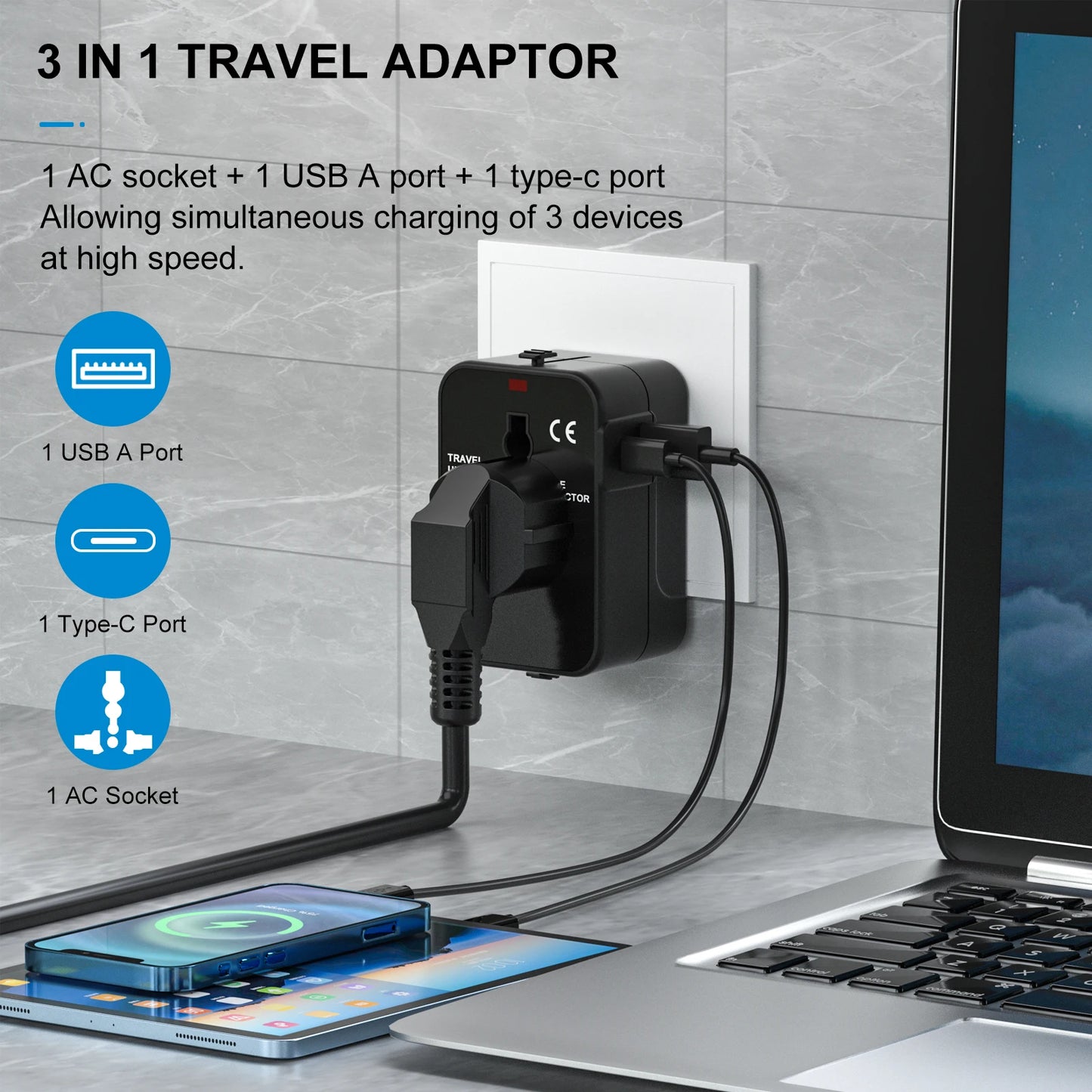 Universal Travel Adapter – USB-A, USB-C & AC Socket