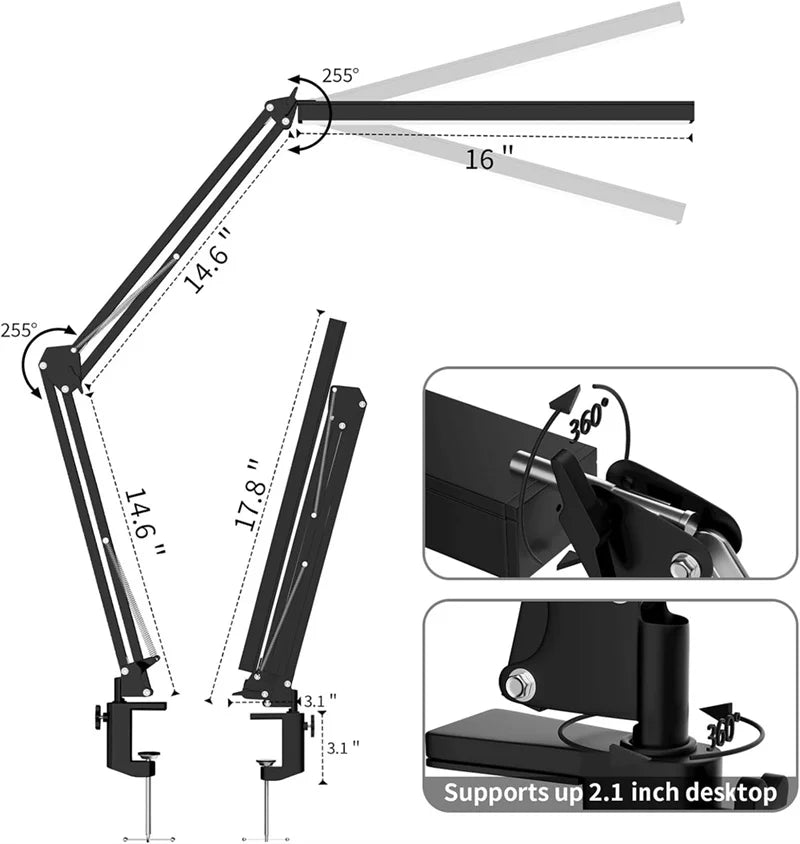 LED Desk Lamp – Clamp-On, Dimmable with 3 Light Modes