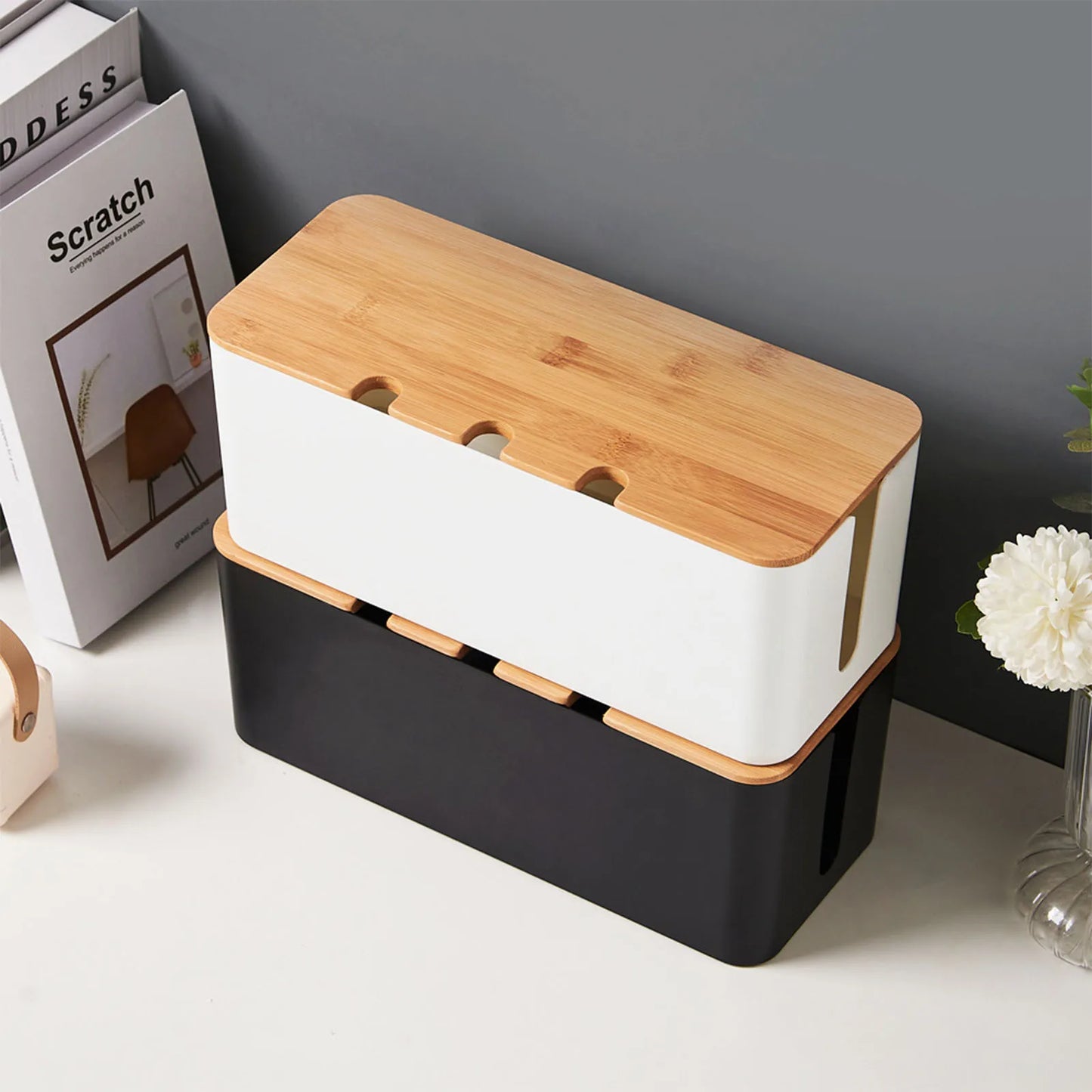 Cable Management Box – Bamboo & Plastic Desk Organiser