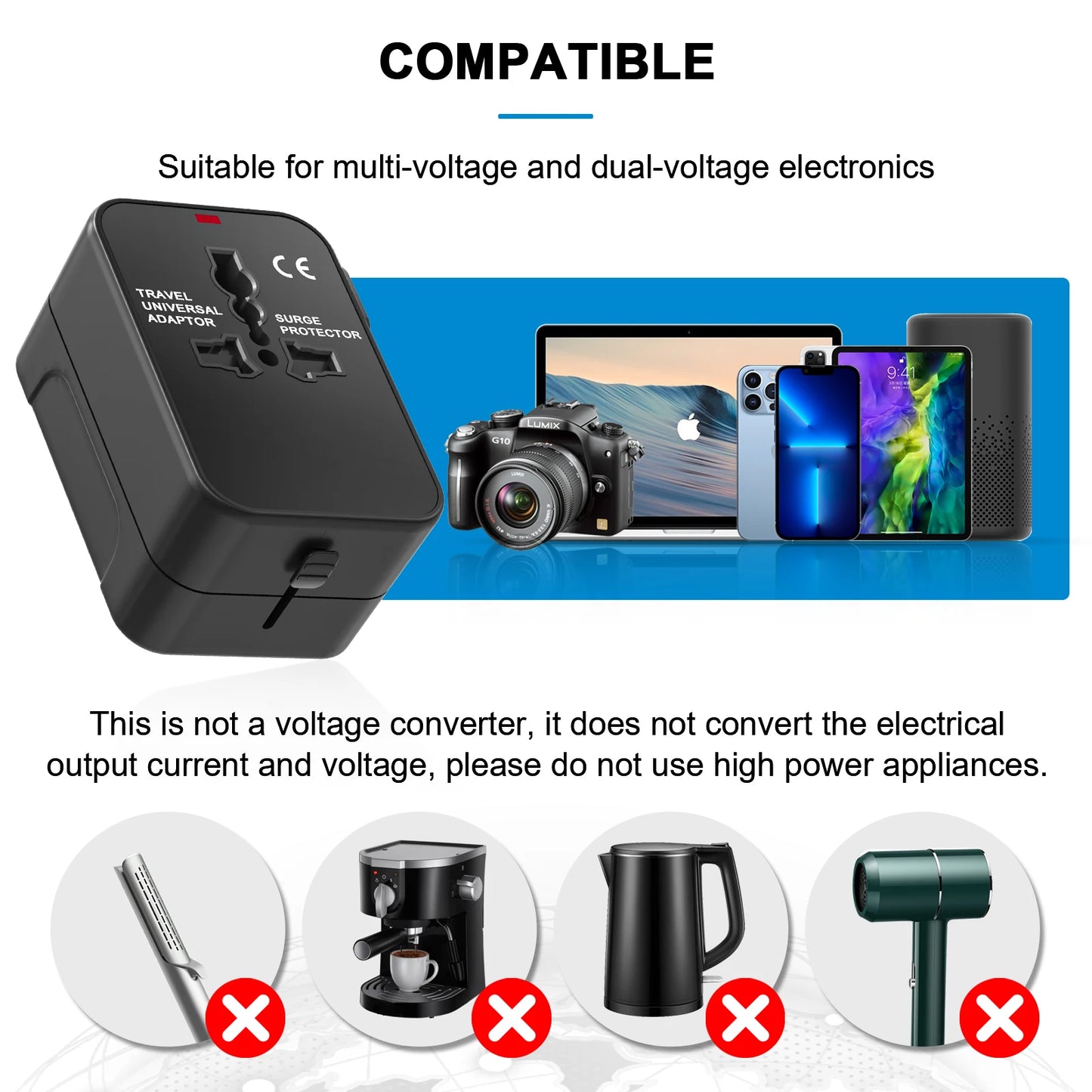 Universal Travel Adapter – USB-A, USB-C & AC Socket