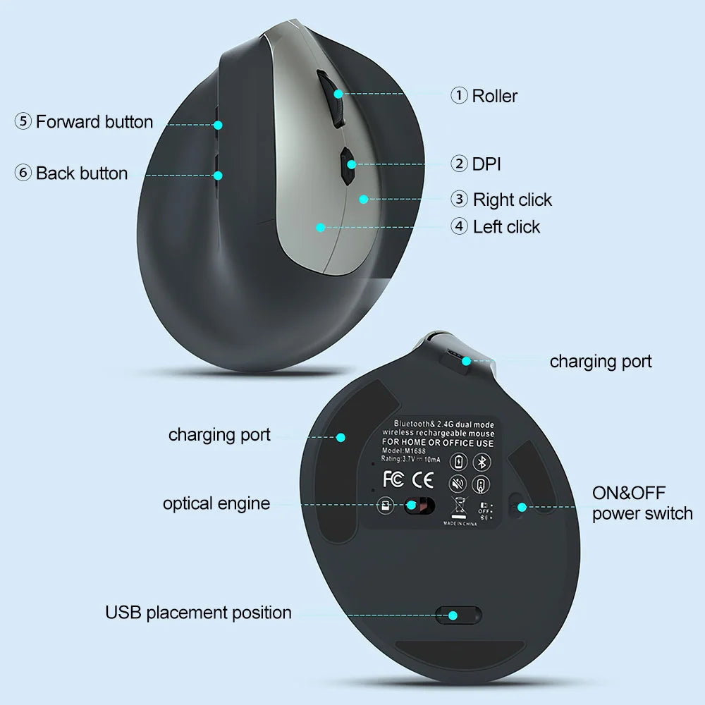 Ergonomic Vertical Mouse – Bluetooth & 2.4GHz Wireless