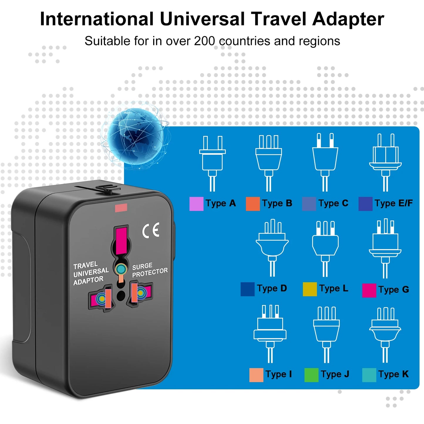 Universal Travel Adapter – USB-A, USB-C & AC Socket
