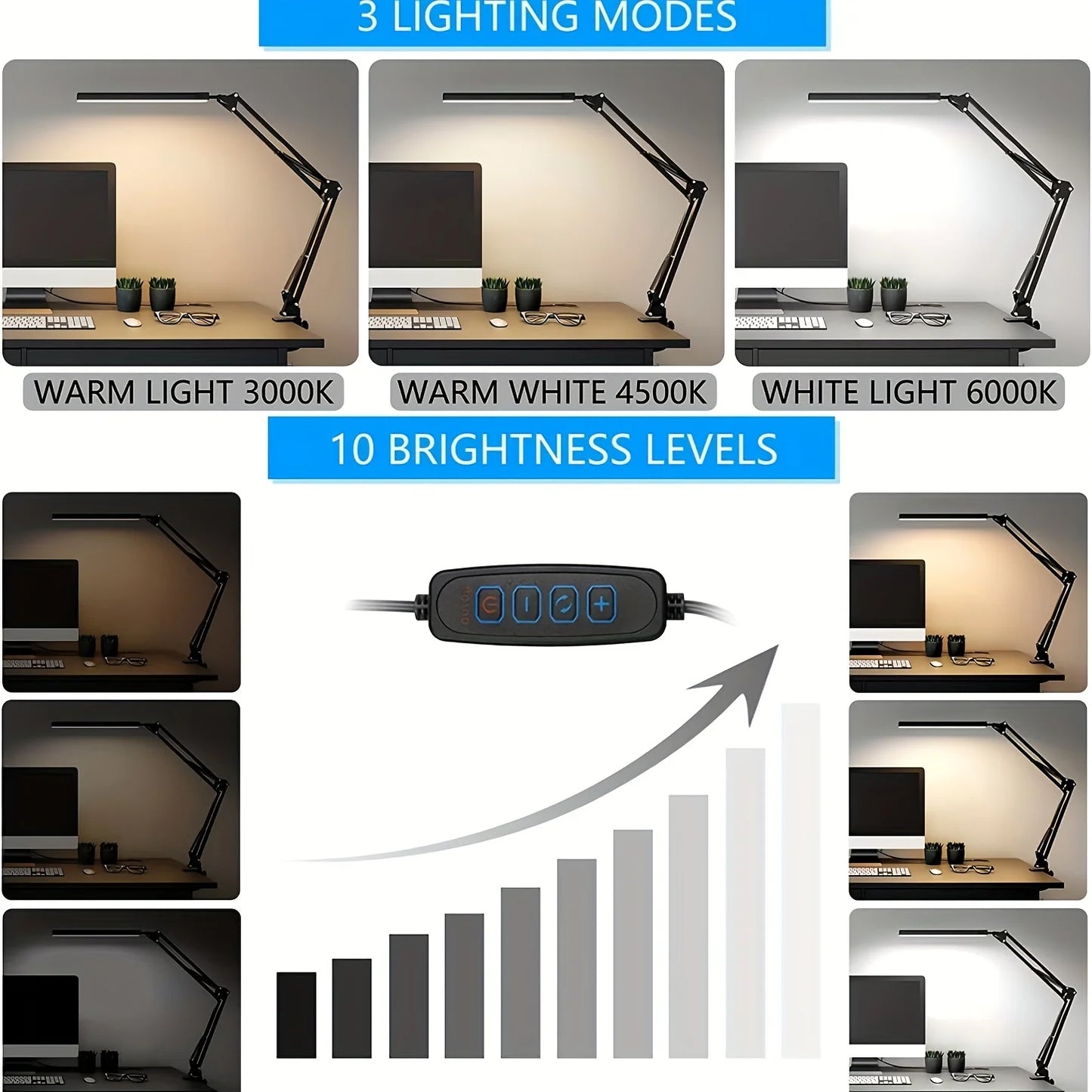 LED Desk Lamp – Clamp-On, Dimmable with 3 Light Modes