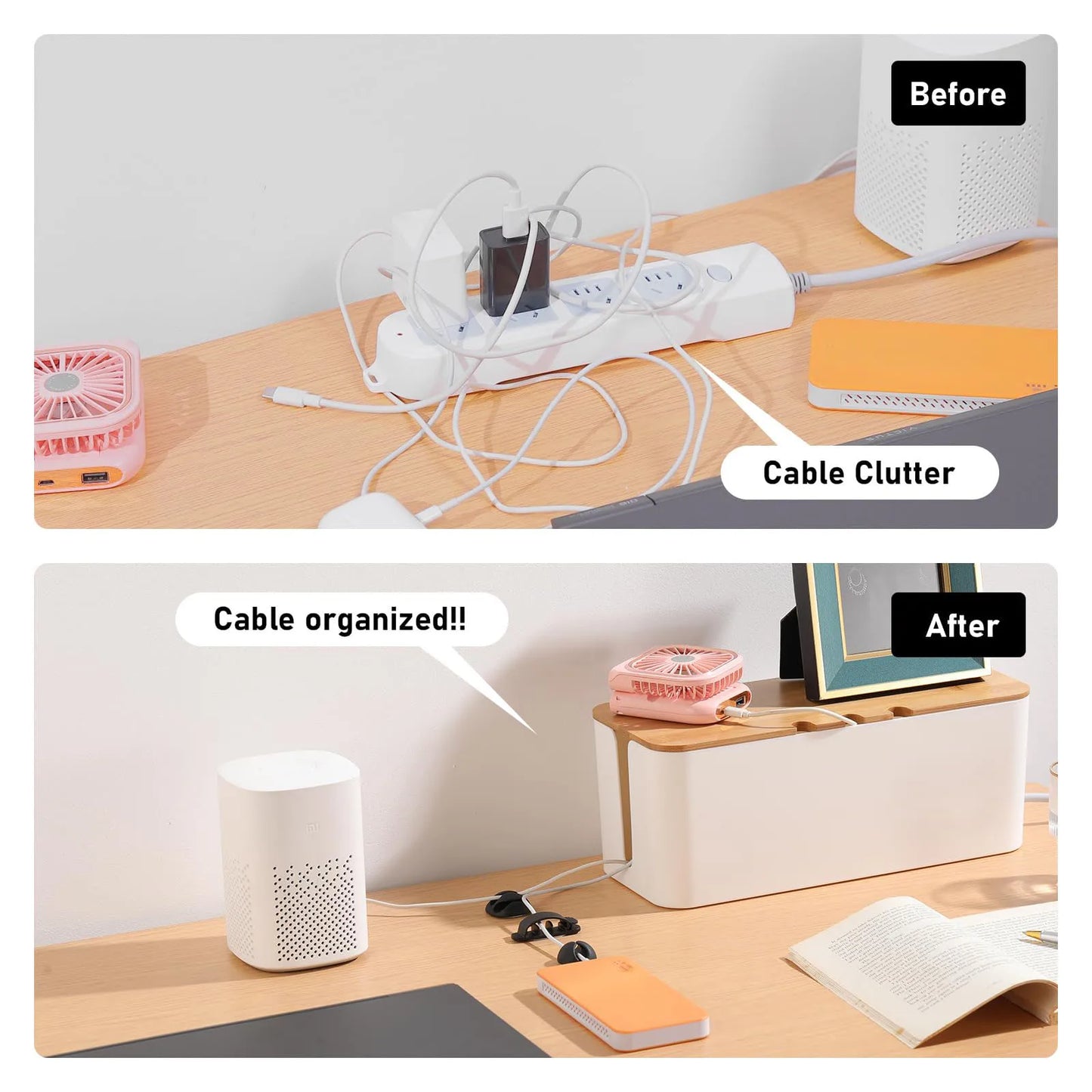 Cable Management Box – Bamboo & Plastic Desk Organiser