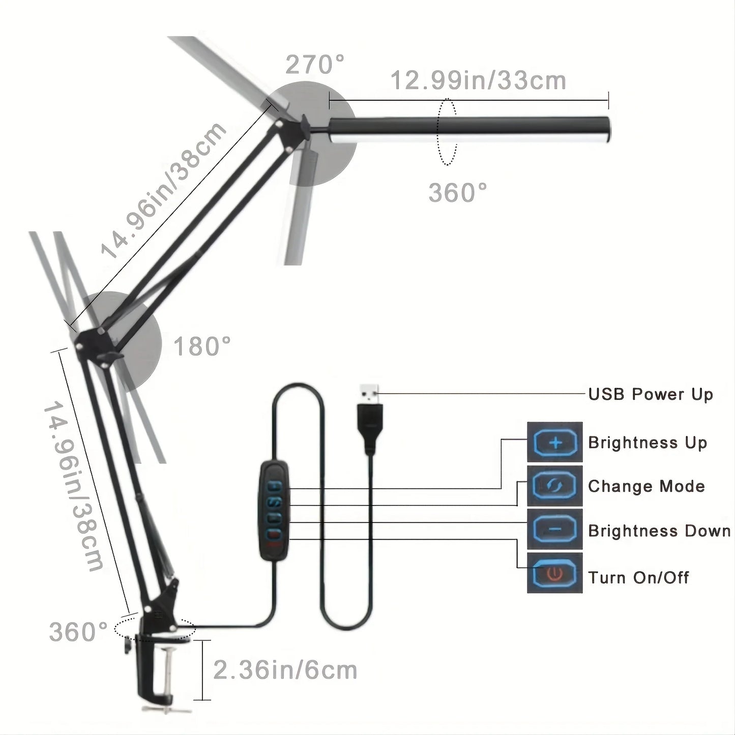 LED Desk Lamp – Clamp-On, Dimmable with 3 Light Modes