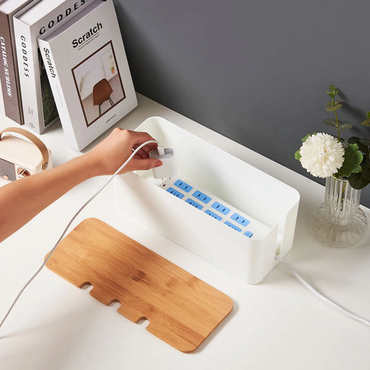 Cable Management Box – Bamboo & Plastic Desk Organiser